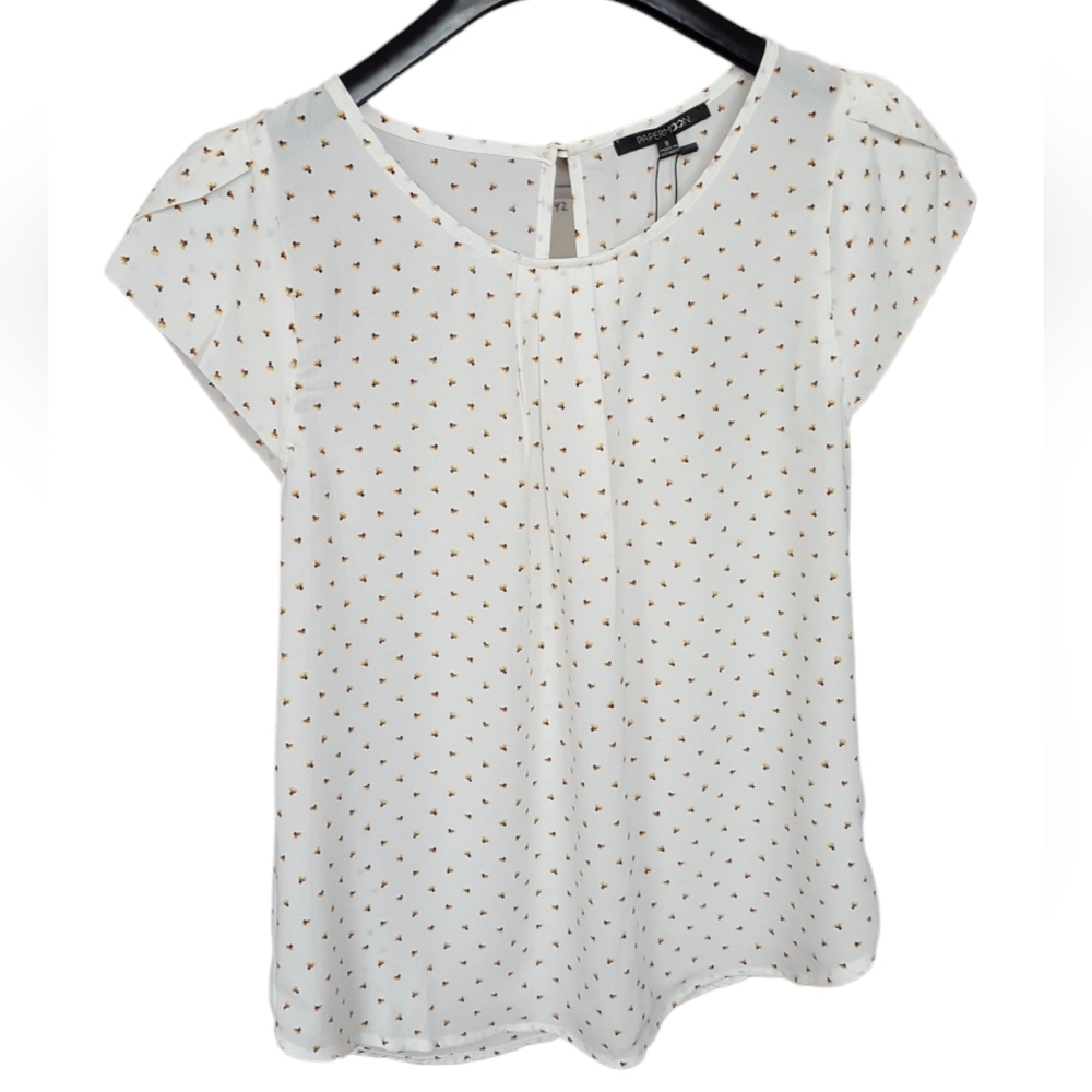 Papermoon Blouse Womens Small Ivory Short Sleeve Pleated Front New Slit Back